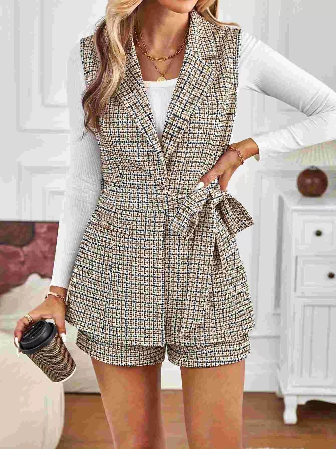 Houndstooth Lapel Collar Vest Coat and Shorts Set Trendsi
