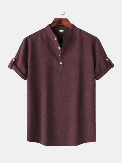 Men's Casual Linen Blend Mandarin Collar Short Sleeve Henley Shirt nicholesgifts