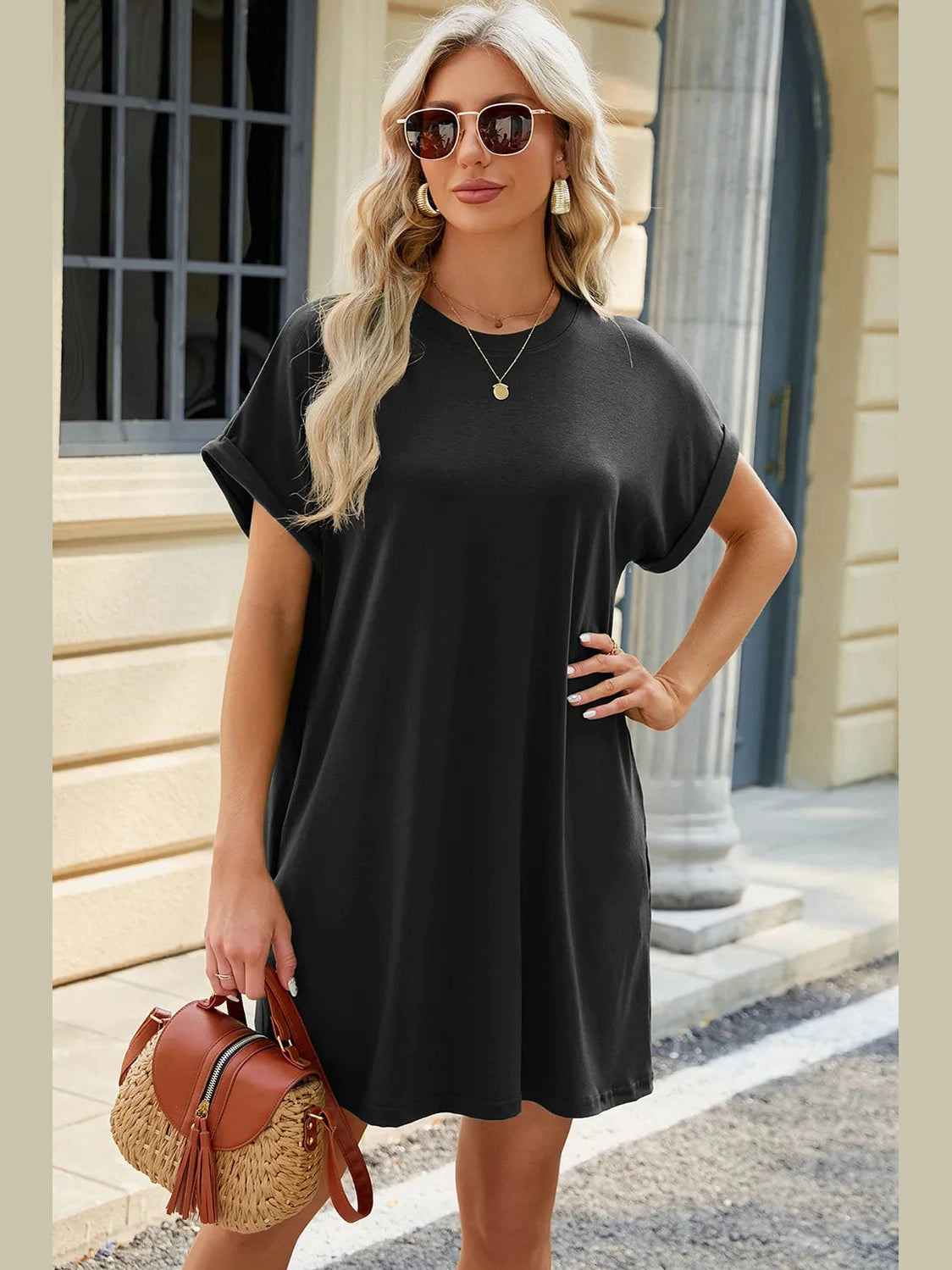 Round Neck Rolled Short Sleeve Tee Dress nicholesgifts