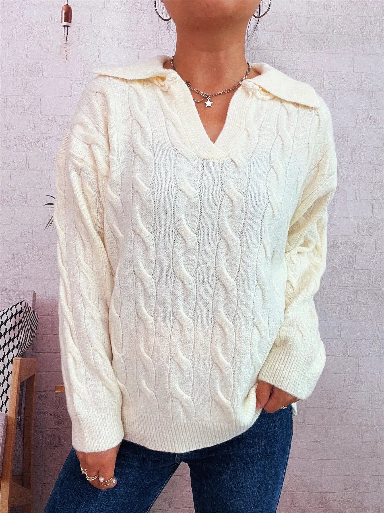 Cable Knit Johnny Collar Sweater