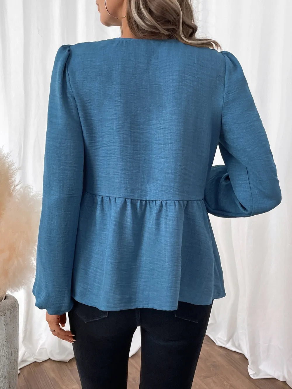 Peplum Tie Neck Balloon Sleeve Blouse NicholesGifts