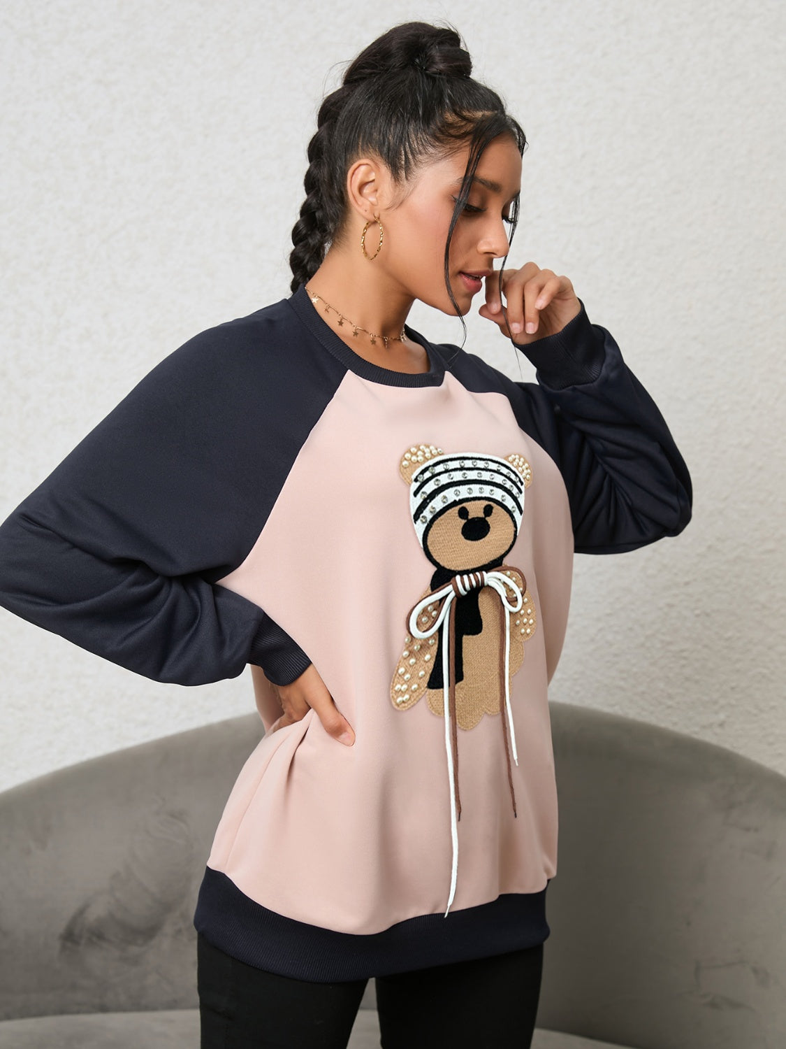 Women Bear Graphic Raglan Sleeve Sweatshirt nicholesgifts