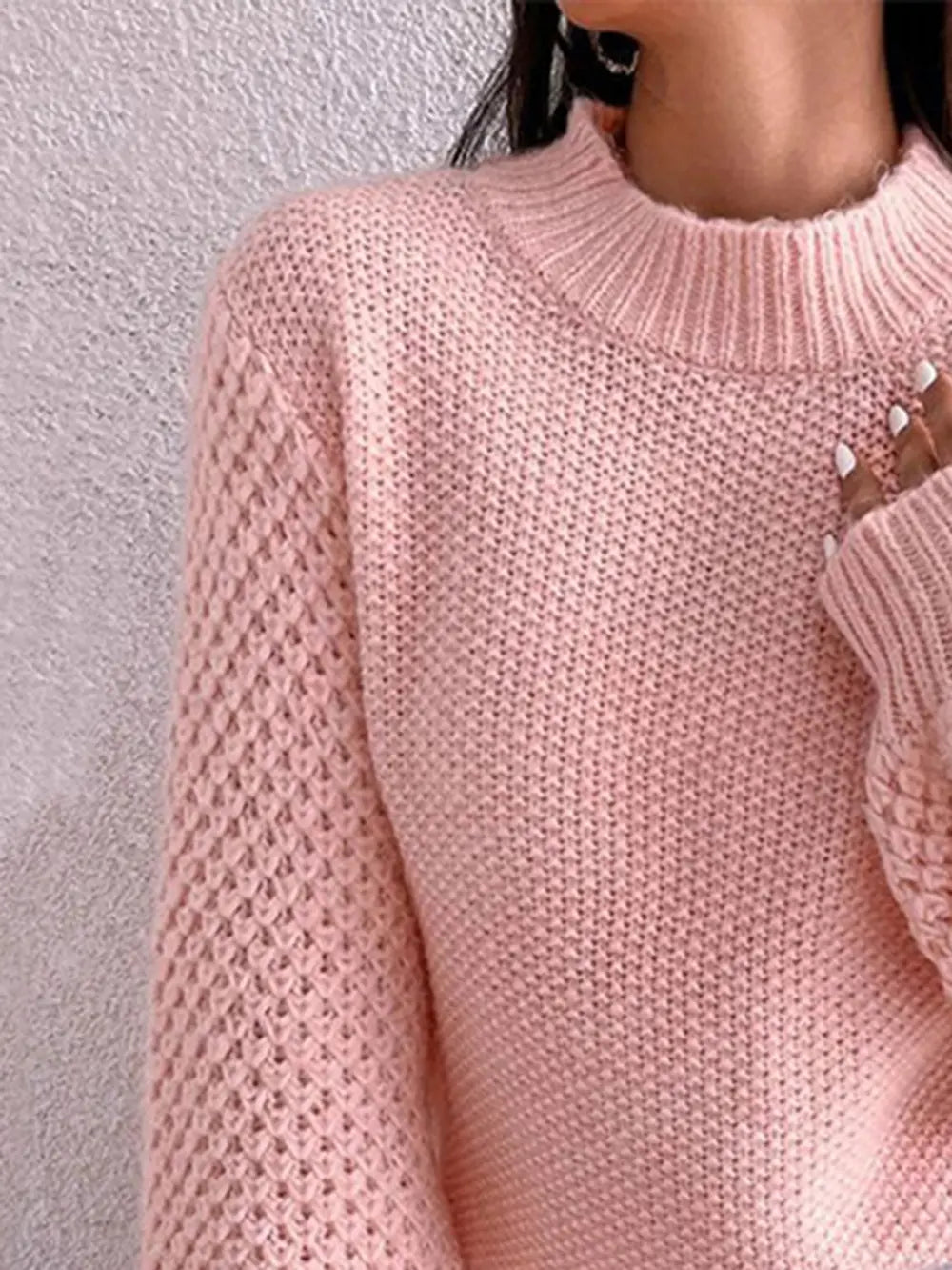 Openwork Mock Neck Long Sleeve Sweater Trendsi