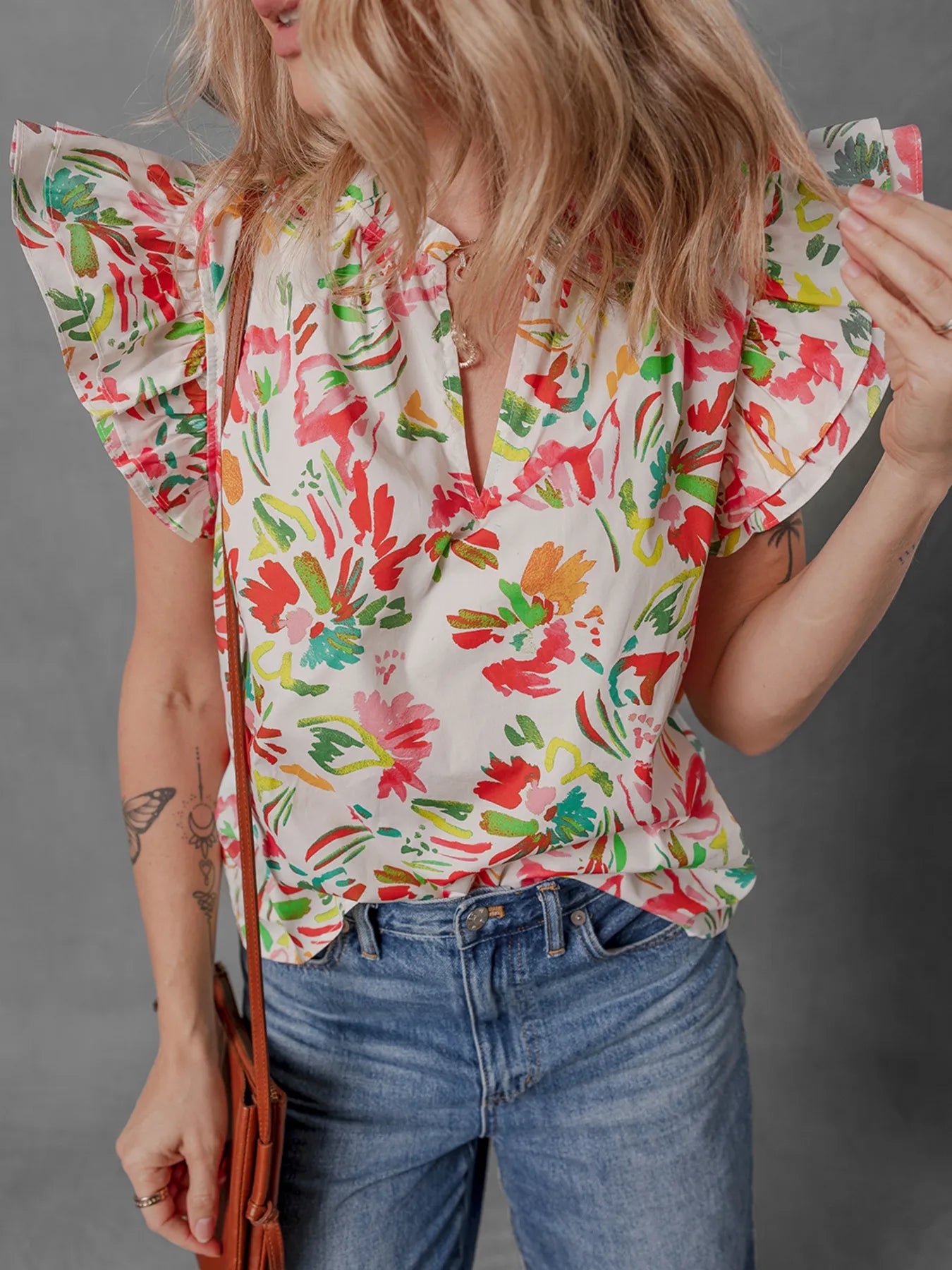 Multicolour Floral Printed Cap Sleeve Split Neck Blouse NicholesGifts