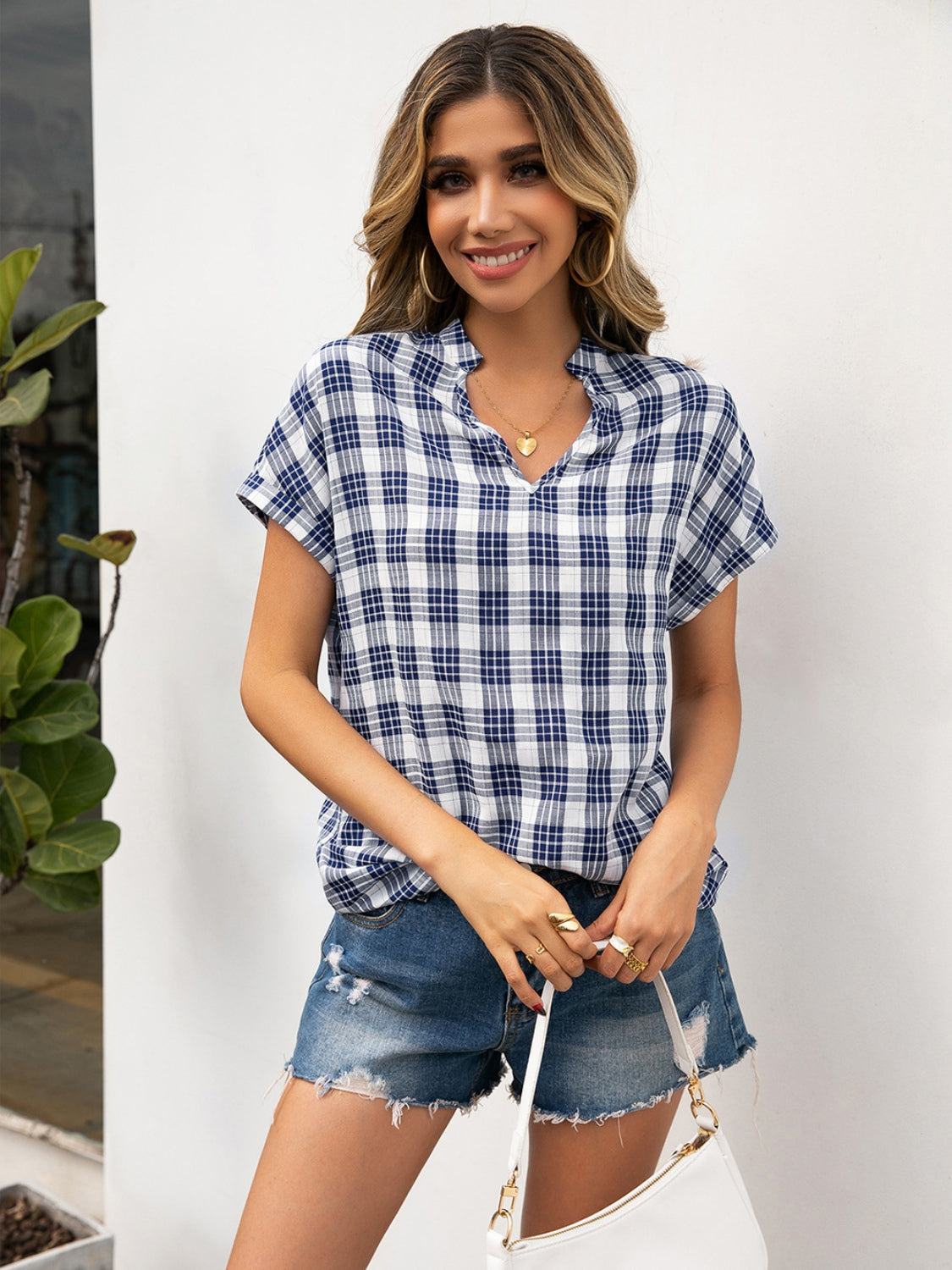 Plaid Notched Short Sleeve Blouse nicholesgifts