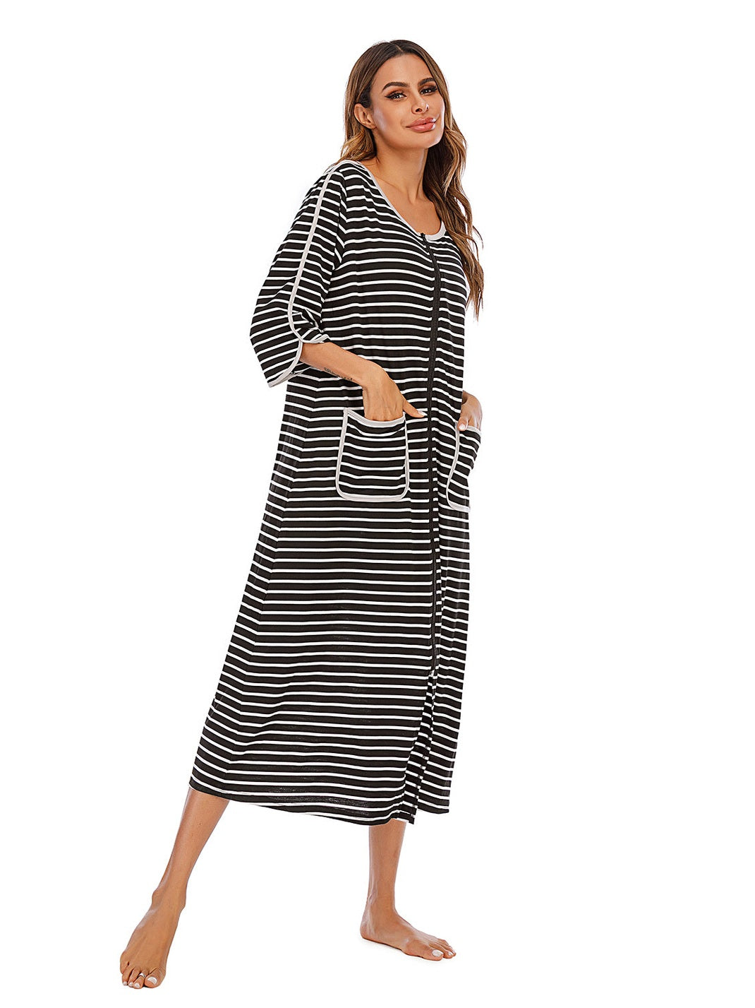 Round Neck Three-Quarter Sleeve Midi Night Dress nicholesgifts