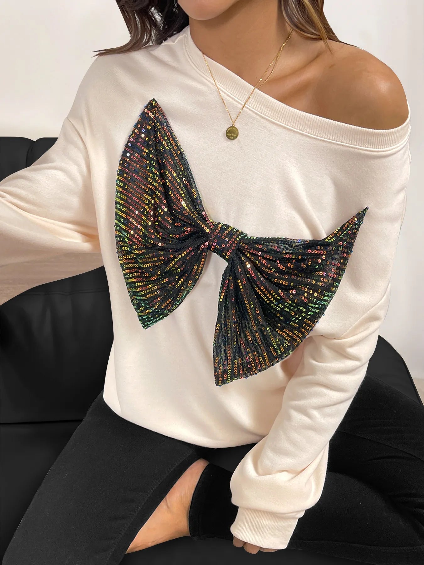 Sequined Bow Round Neck Sweatshirt NicholesGifts
