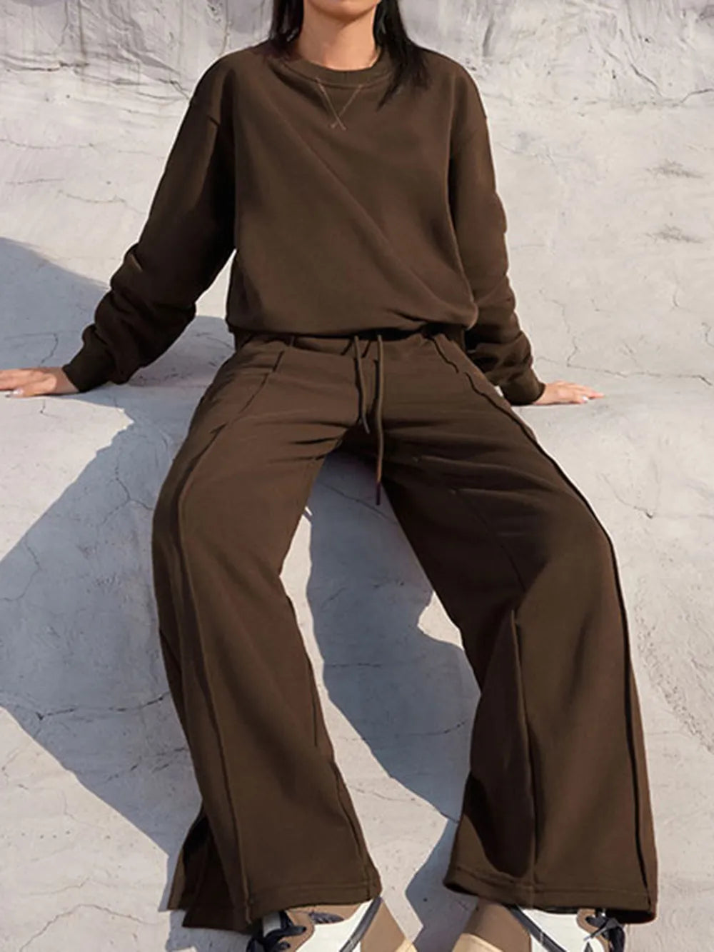 Round Neck Long Sleeve Top and Elastic Waist Pants Set nicholesgifts