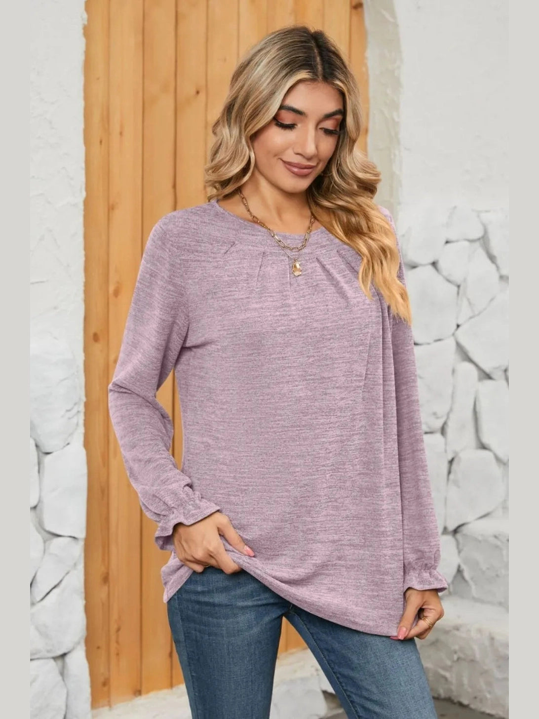 Ruched Round Neck Flounce Sleeve T-Shirt NicholesGifts