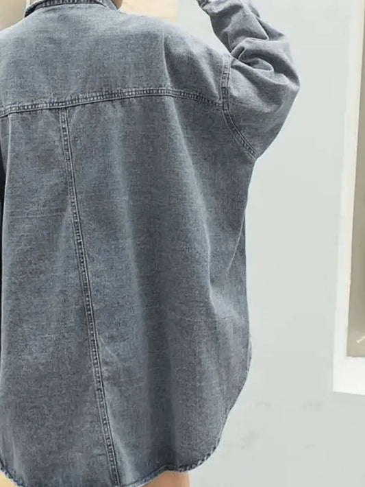 Embroidered Patch Button Up Long Sleeve Denim Jacket Trendsi