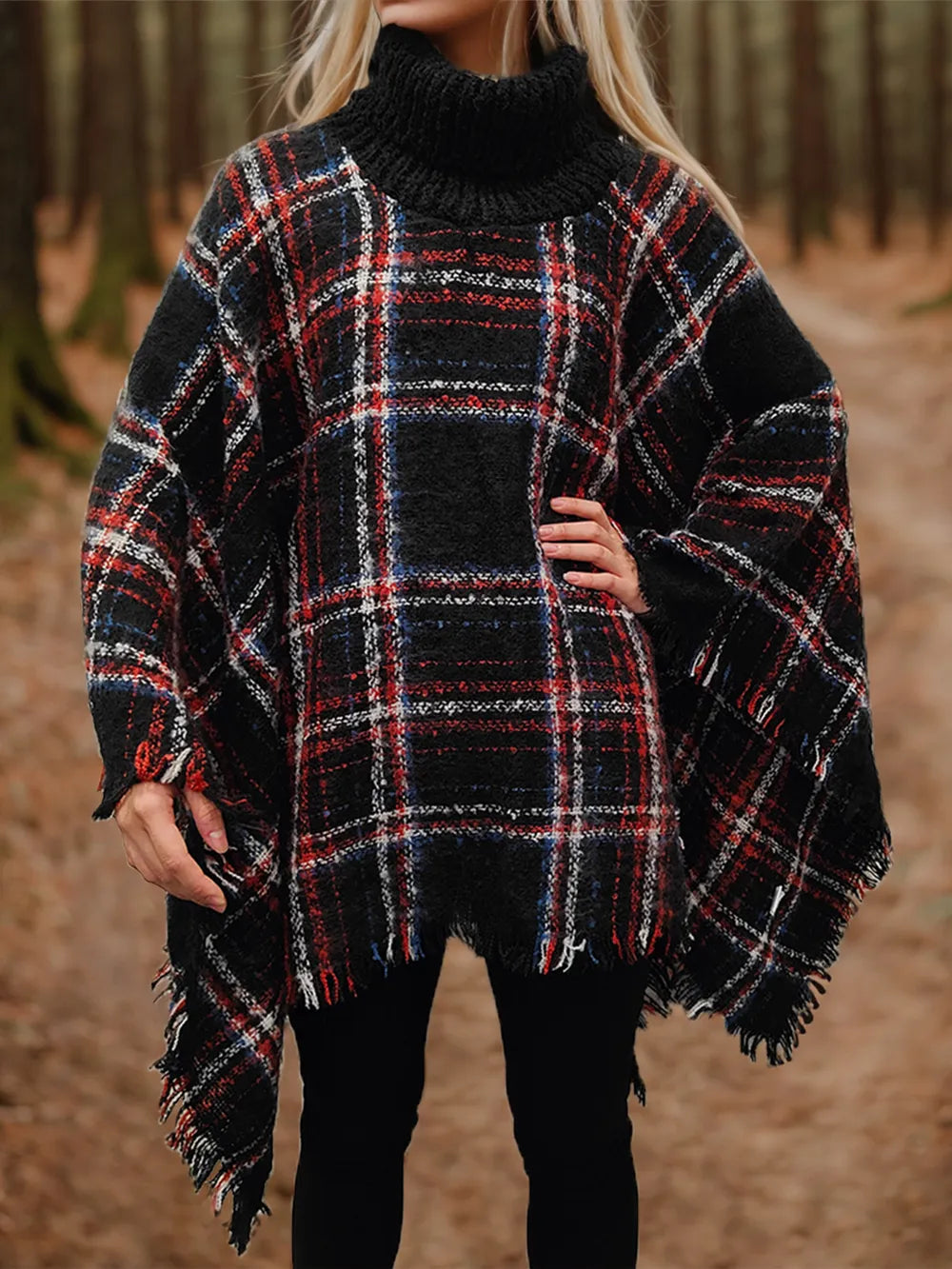 Shiny Turtleneck Plaid Raw Hem Sweater Trendsi