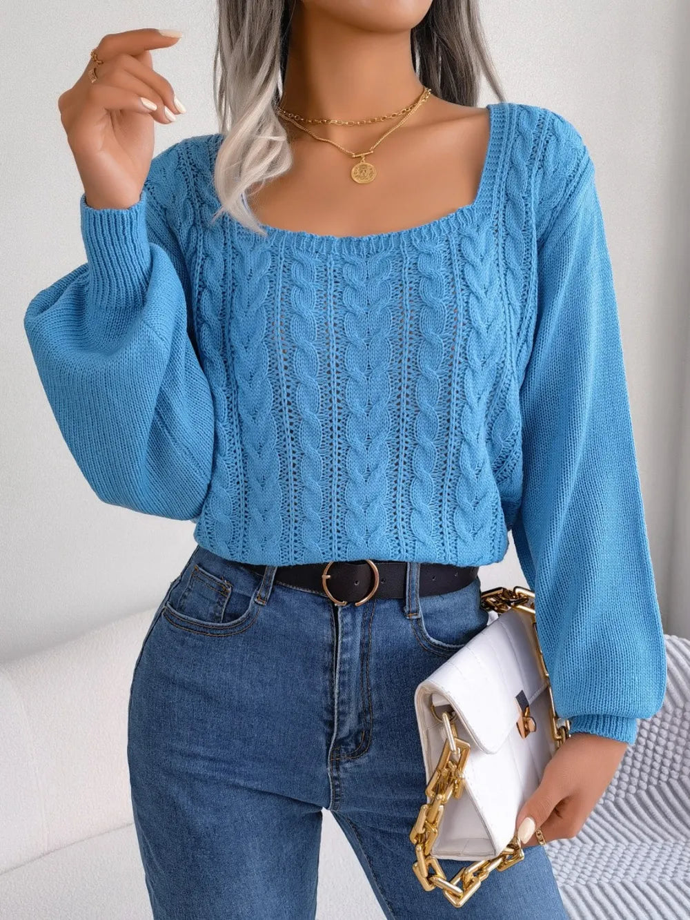 Cable-Knit Square Neck Long Sleeve Sweater Trendsi