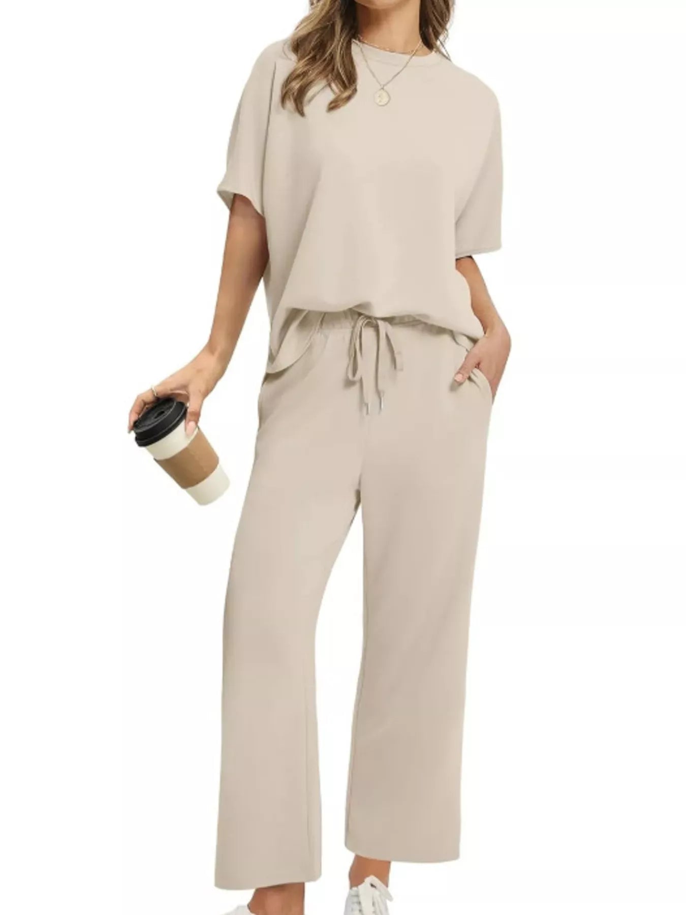 Full Size Round Neck Short Sleeve Top and Pants Set Plus Size Trendsi