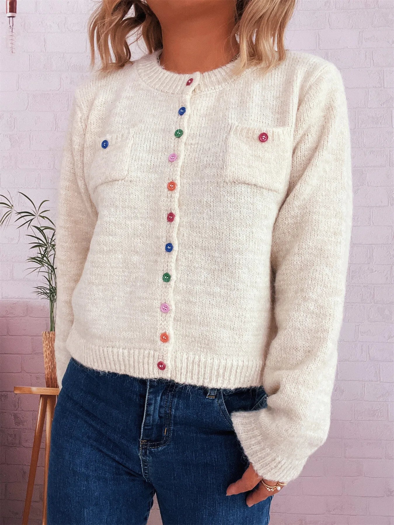 Button-Up Ribbed Hem Cardigan with Chest Pocket