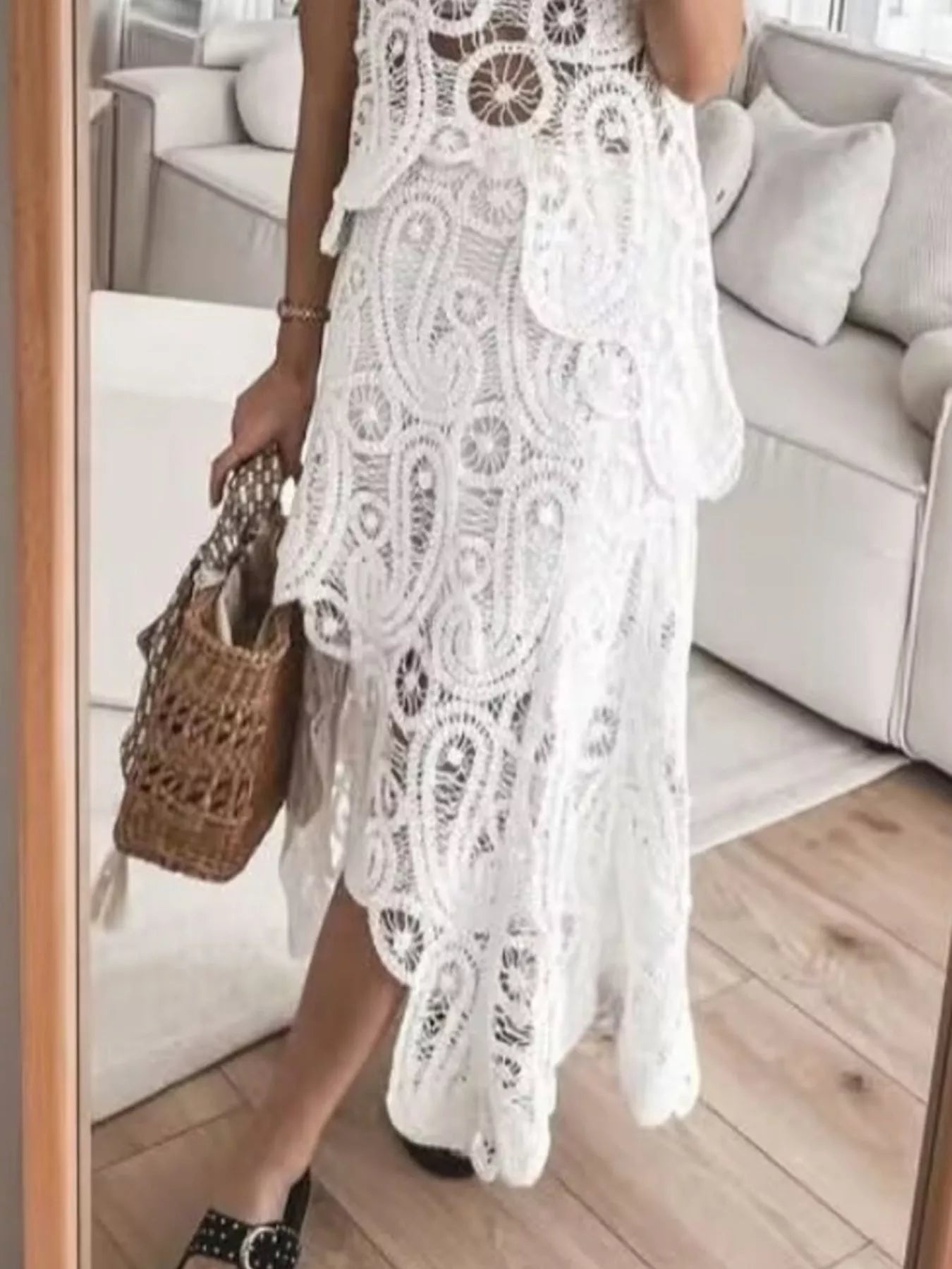 Crochet Sleeveless Tank and Skirt Set Trendsi
