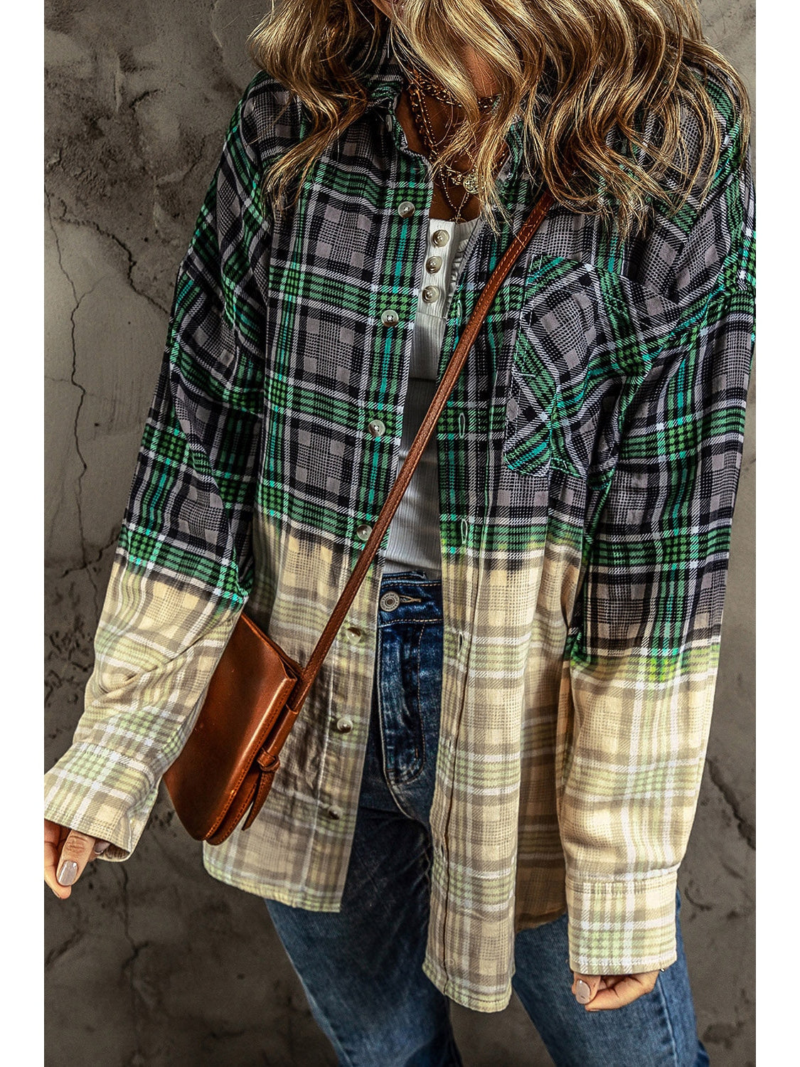 NicholesGifts Women Contrast Plaid Button Up Long Sleeve Shacket NicholesGifts