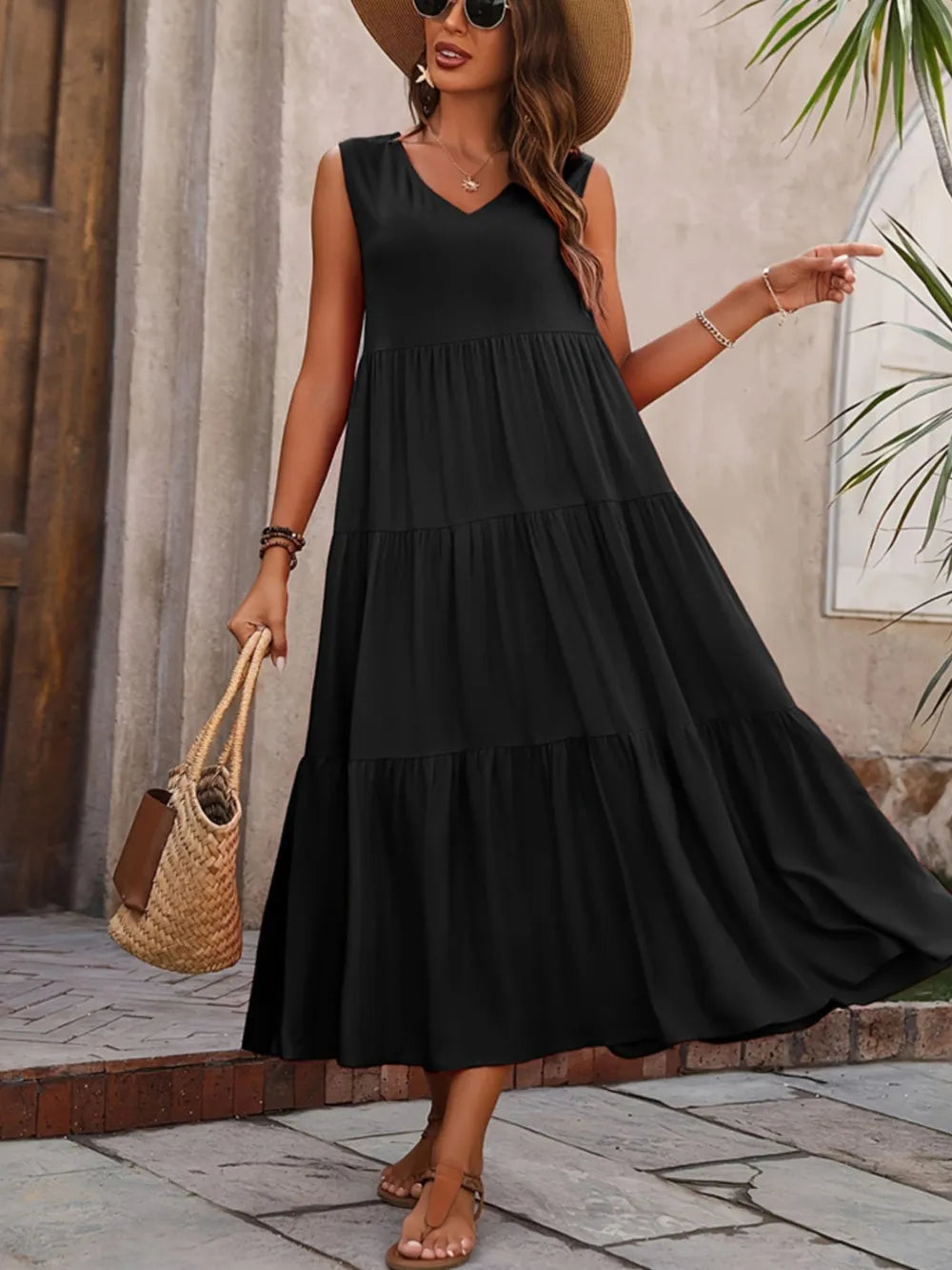Tiered V-Neck Sleeveless Dress NicholesGifts