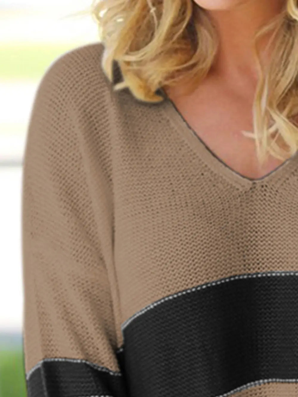 Striped V-Neck Long Sleeve Sweater Trendsi