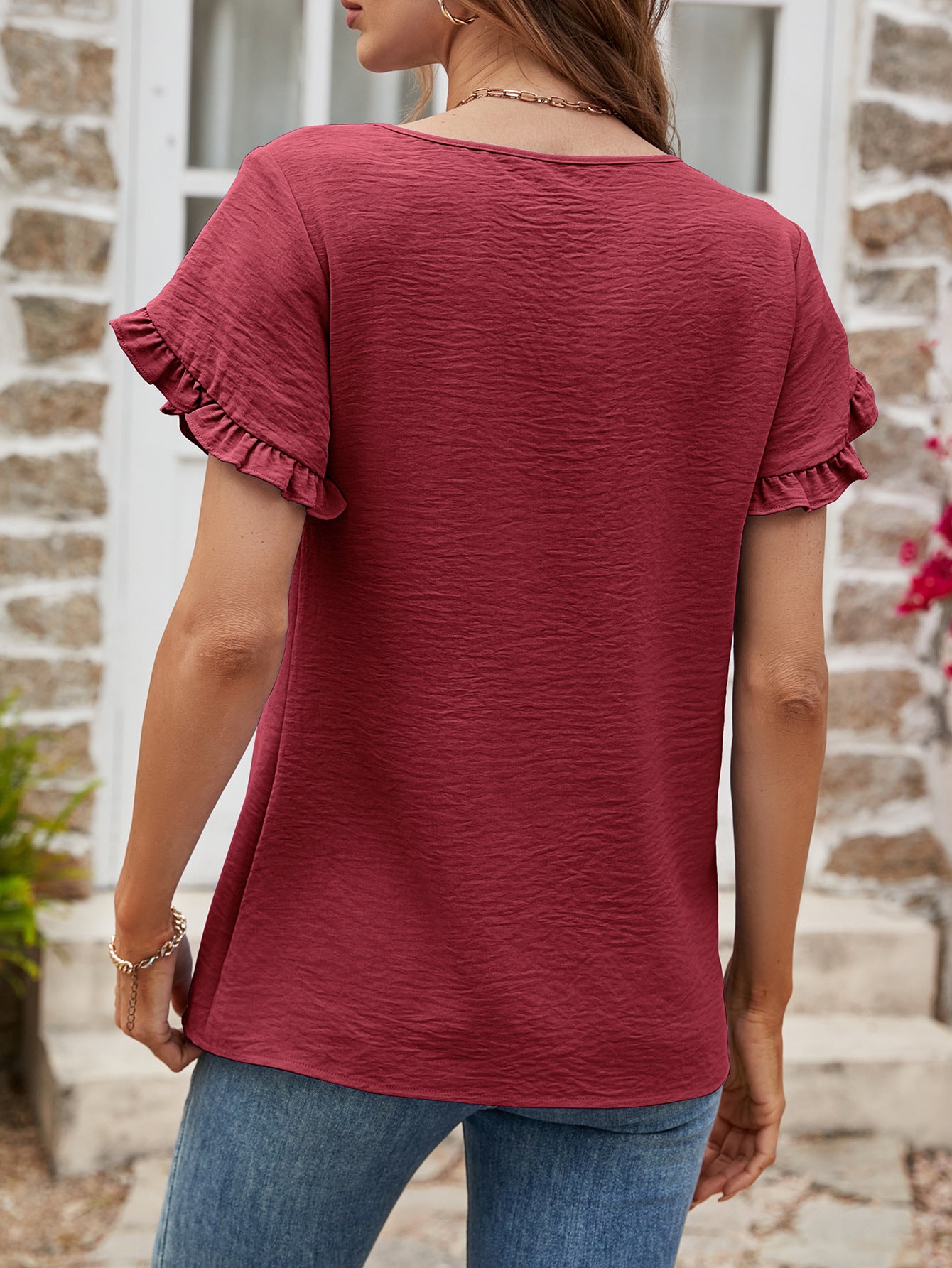 Textured Petal Sleeve Round Neck Tee nicholesgifts