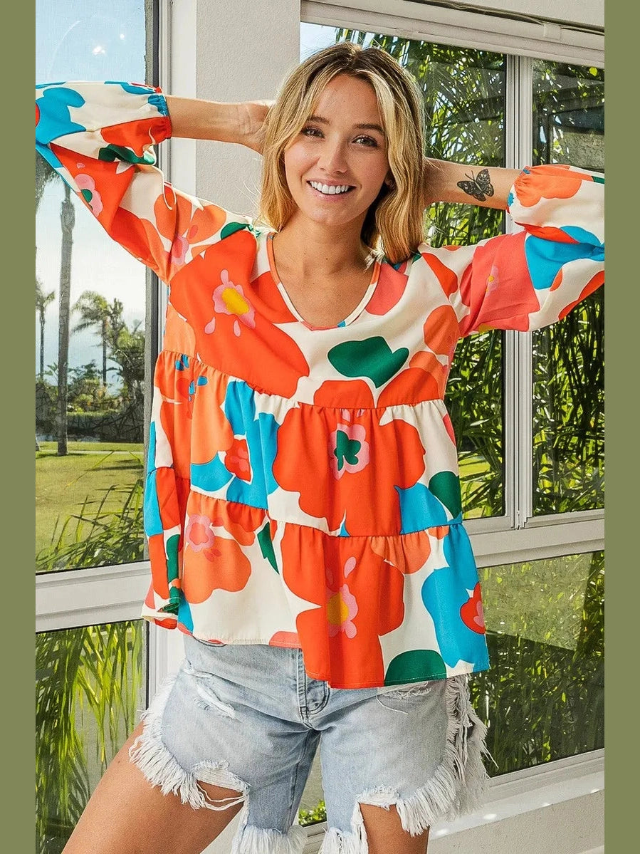 BiBi Floral Woven Tiered V Neck Top