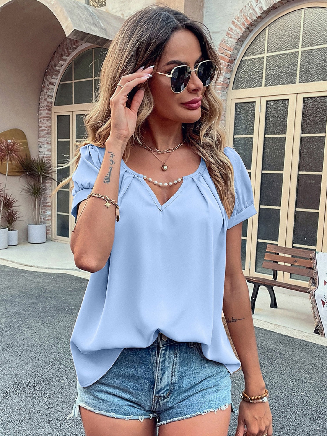 Pearl Detail Notched Short Sleeve Blouse nicholesgifts