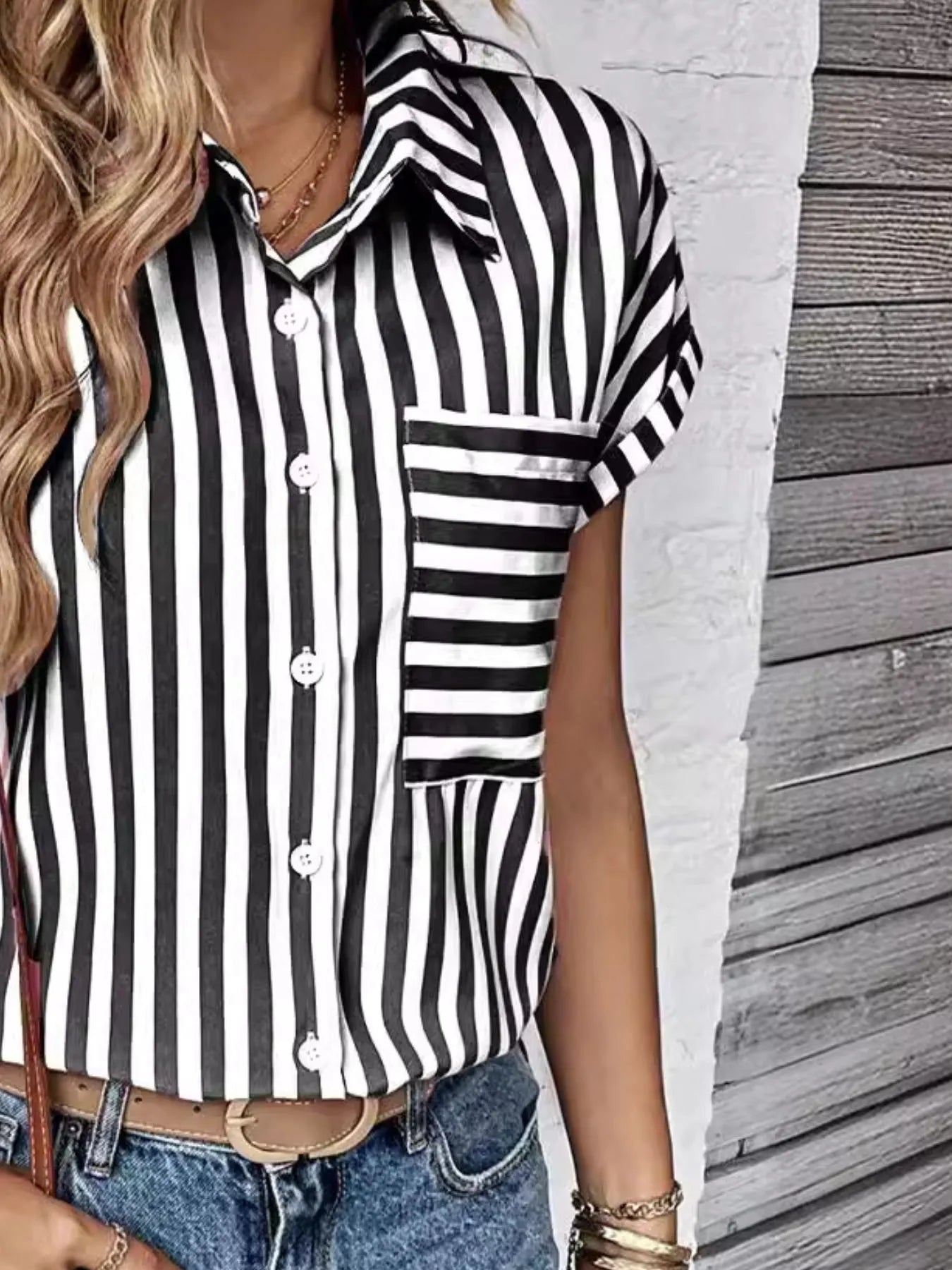 Striped Button-Up Short Sleeve Shirt with Pocket