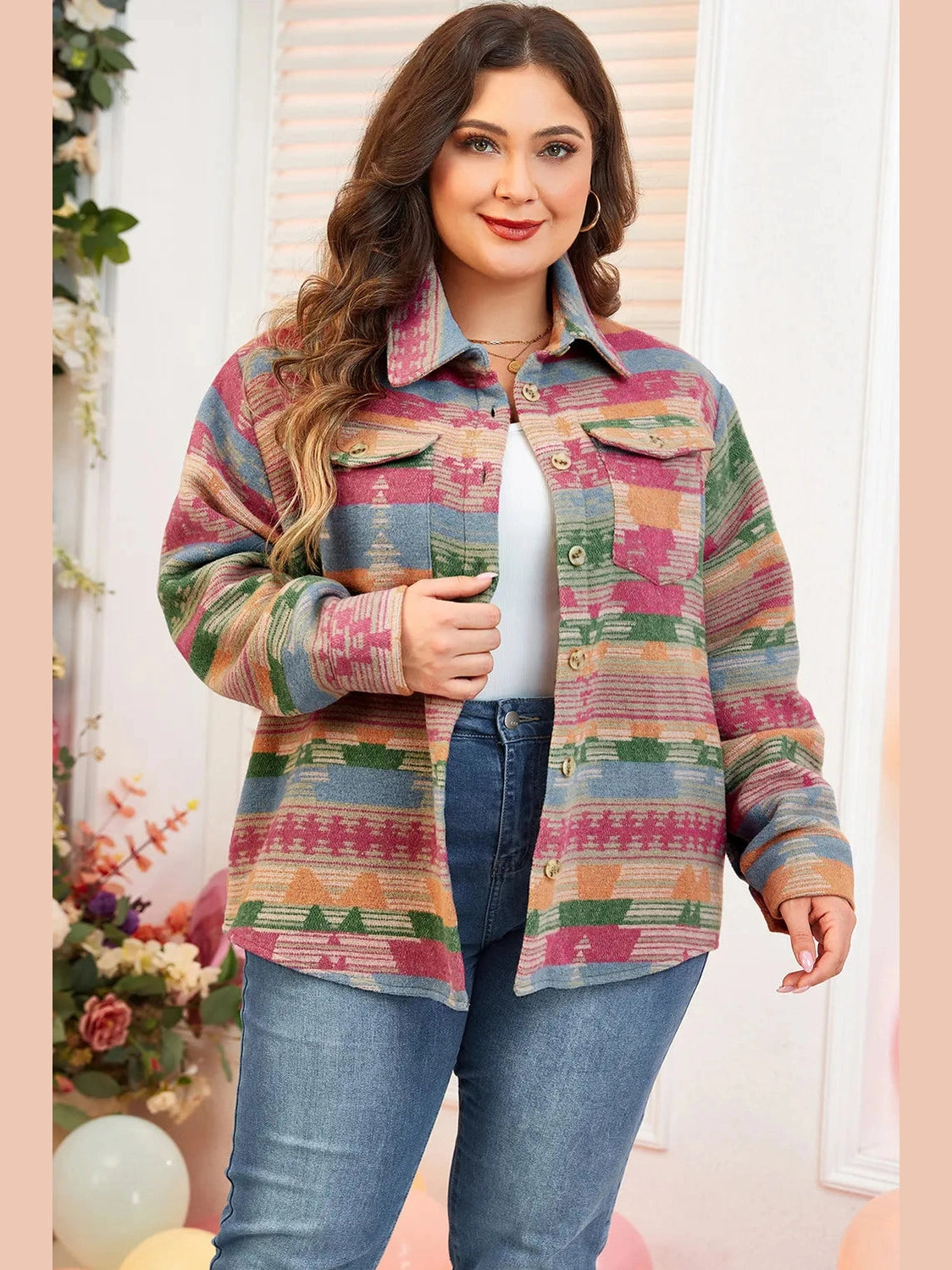 Plus Size Pocketed Printed Collared Neck Jacket Trendsi