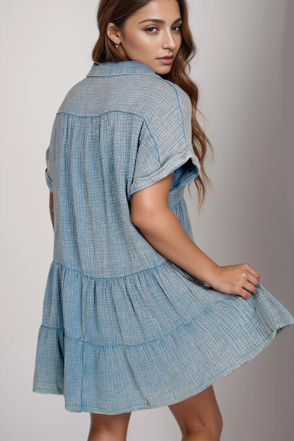 Tiered Notched Short Sleeve Dres Trendsi