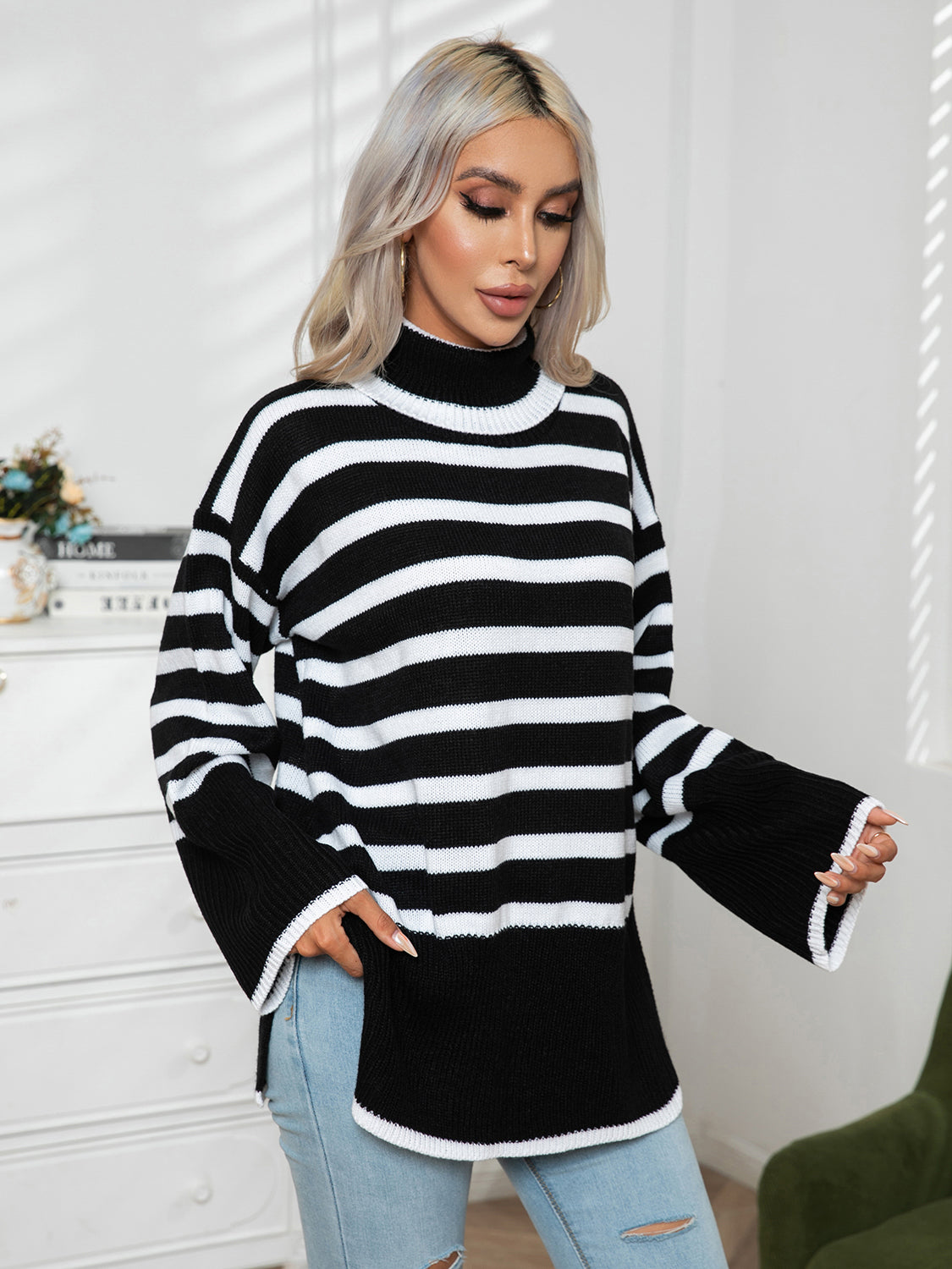 Striped Slit Turtleneck Drop Shoulder Sweater nicholesgifts