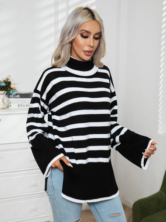 Striped Slit Turtleneck Drop Shoulder Sweater nicholesgifts