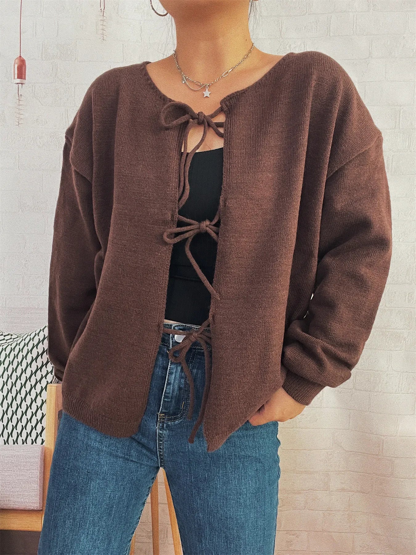 Tie Front Drop Shoulder Cardigan Trendsi