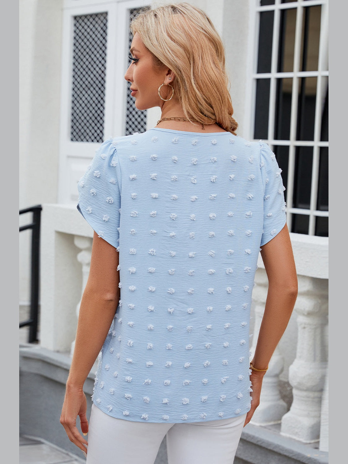 Swiss Dot Round Neck Petal Sleeve Blouse nicholesgifts
