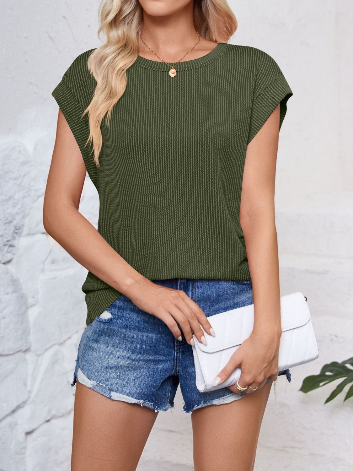 Textured Round Neck Cap Sleeve Blouse nicholesgifts