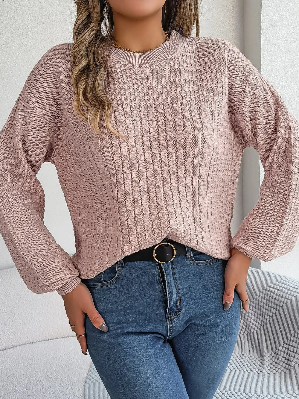 Cable-Knit Round Neck Long Sleeve Sweater Trendsi