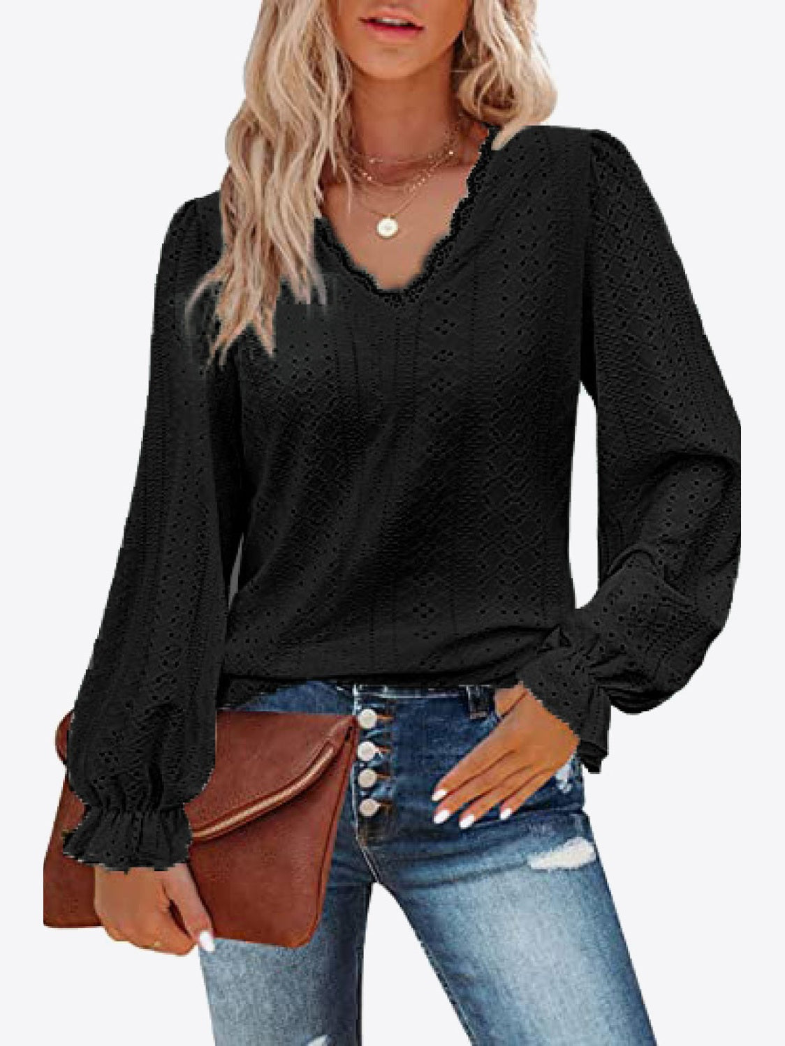 Eyelet V-Neck Flounce Sleeve Blouse