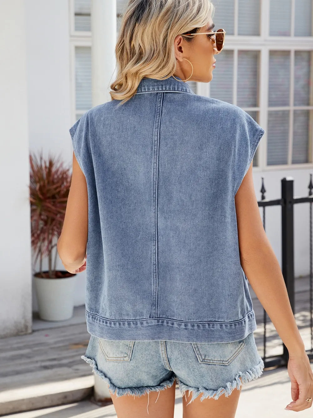 Pocketed Button Up Sleeveless Denim Jacket nicholesgifts
