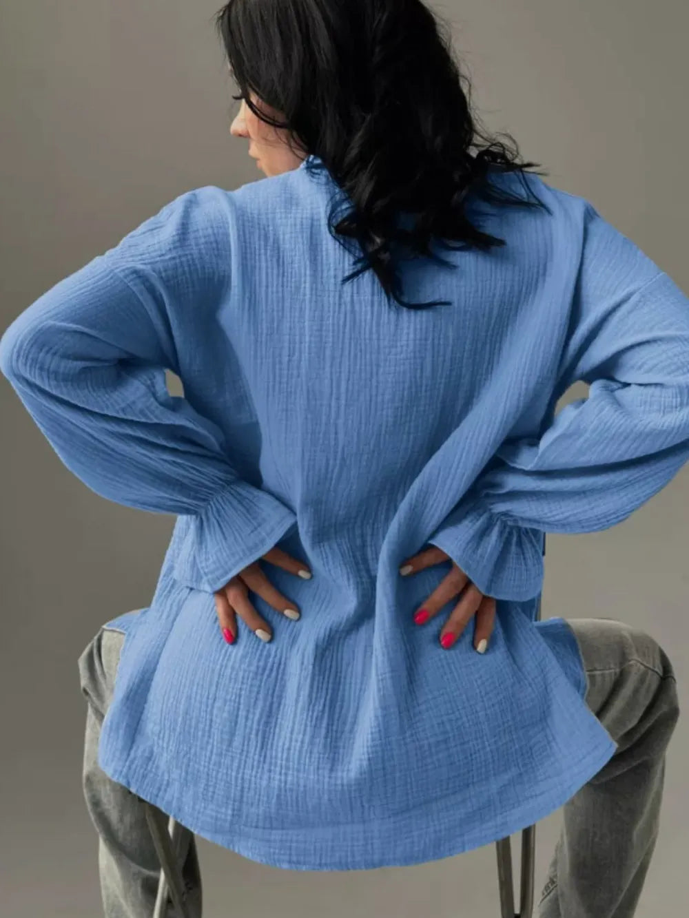 Textured Collared Neck Flounce Sleeve Shirt nicholesgifts