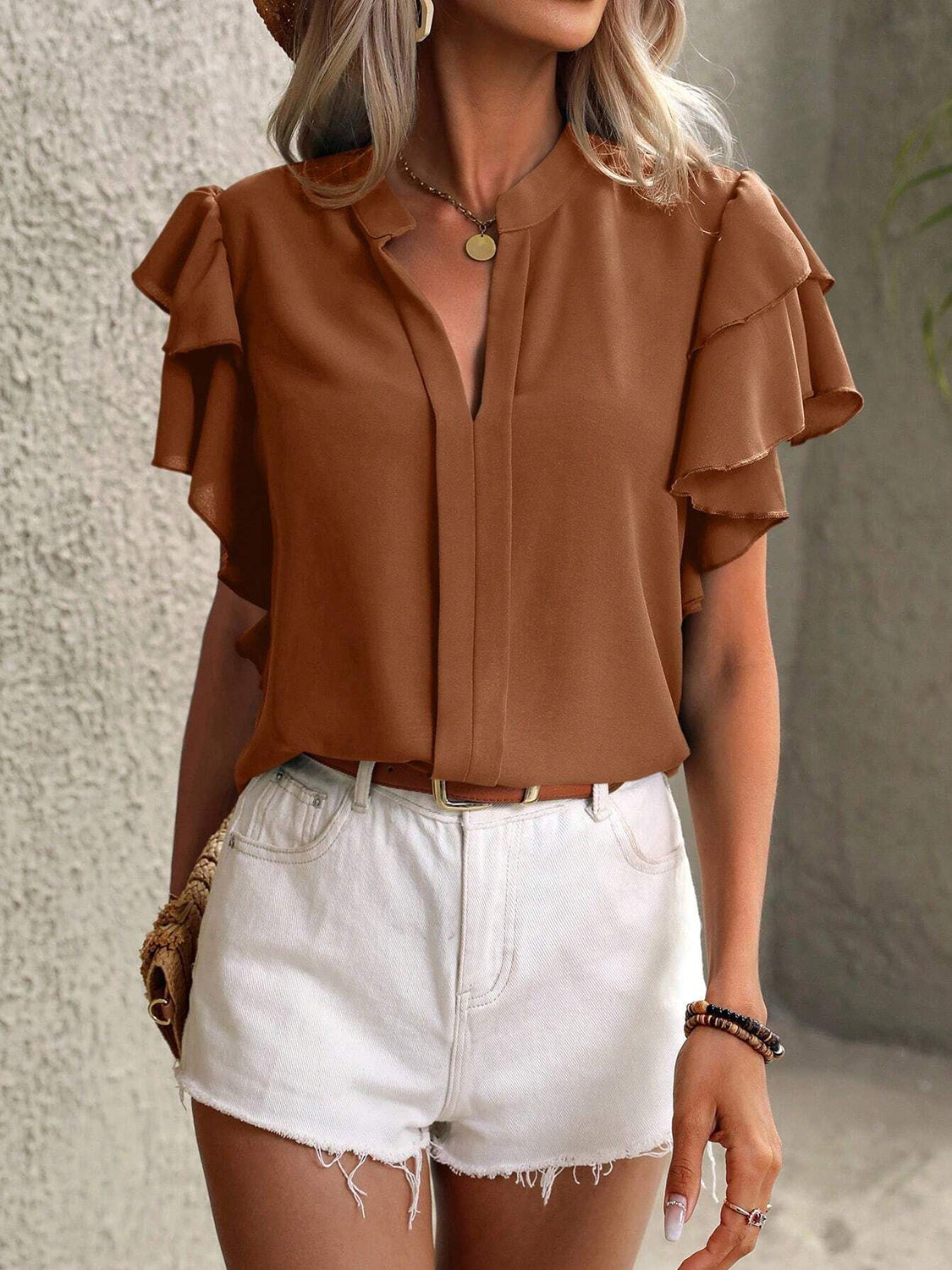 Ruffled Notched Short Sleeve Blouse nicholesgifts