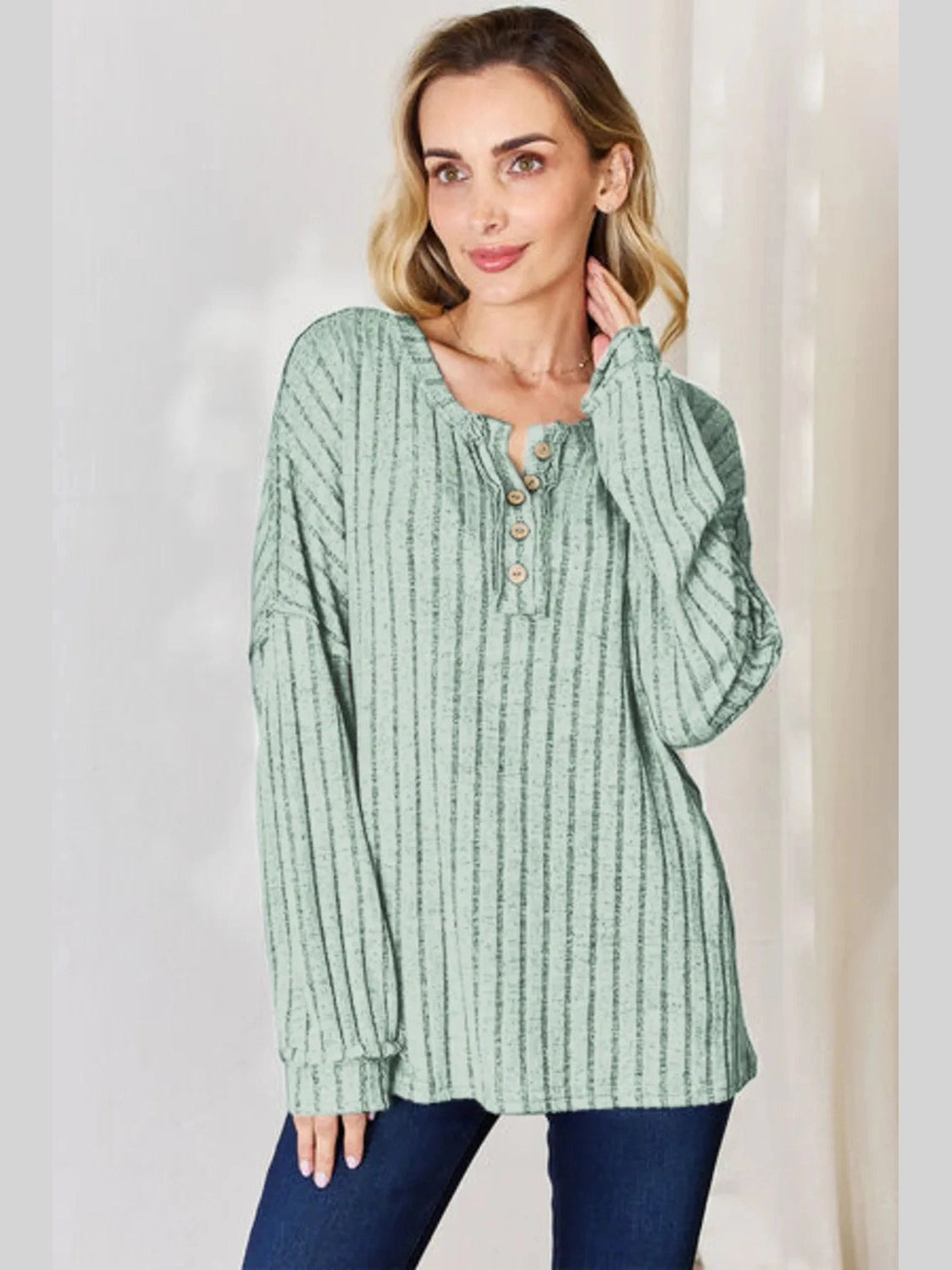 Basic Bae Full Size Ribbed Half Button Long Sleeve T-Shirt nicholesgifts