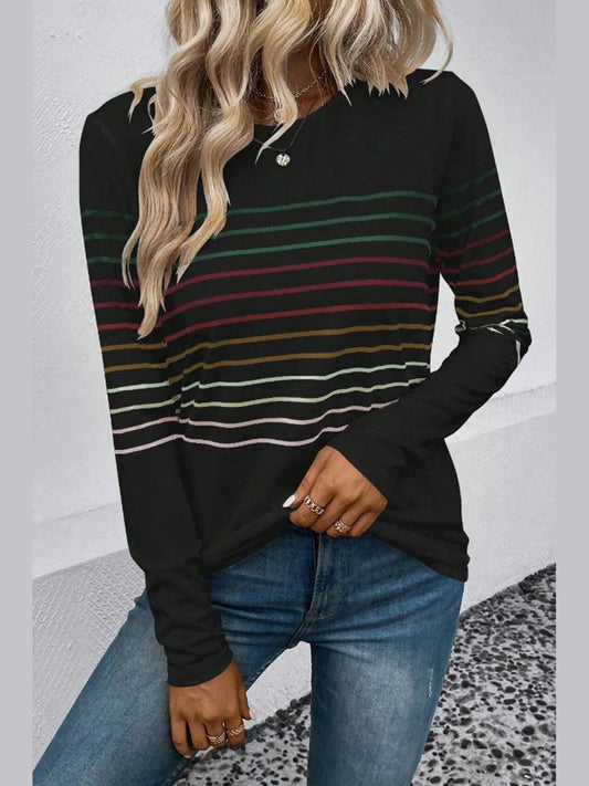 Striped Round Neck Long Sleeve T-Shirt nicholesgifts
