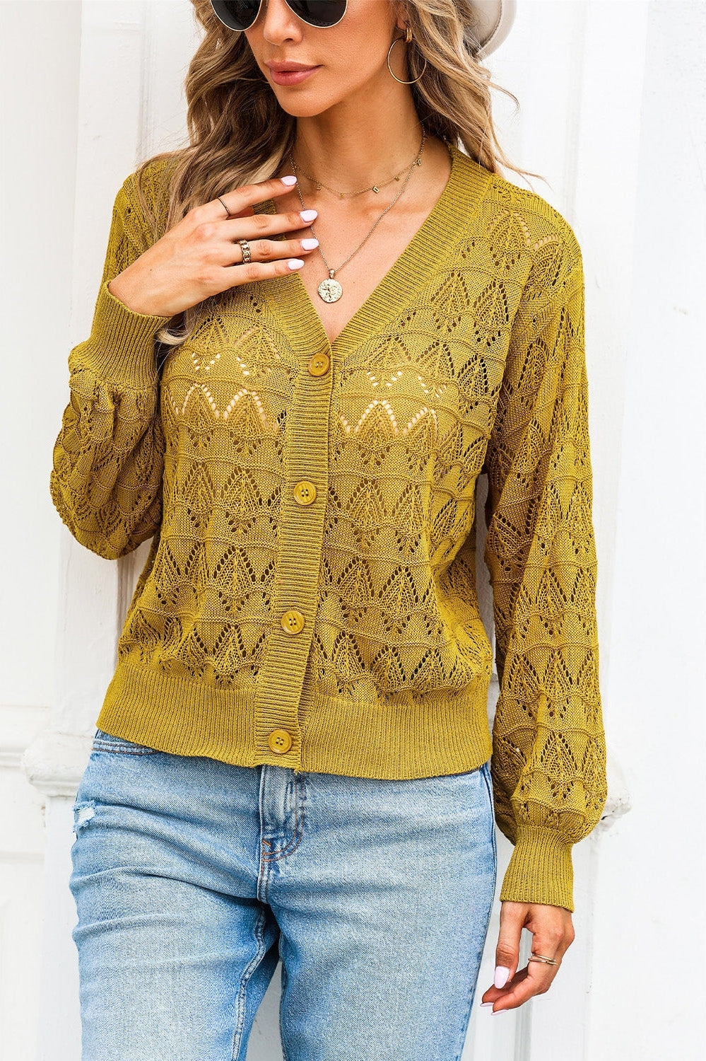 Openwork V-Neck Cardigan nicholesgifts