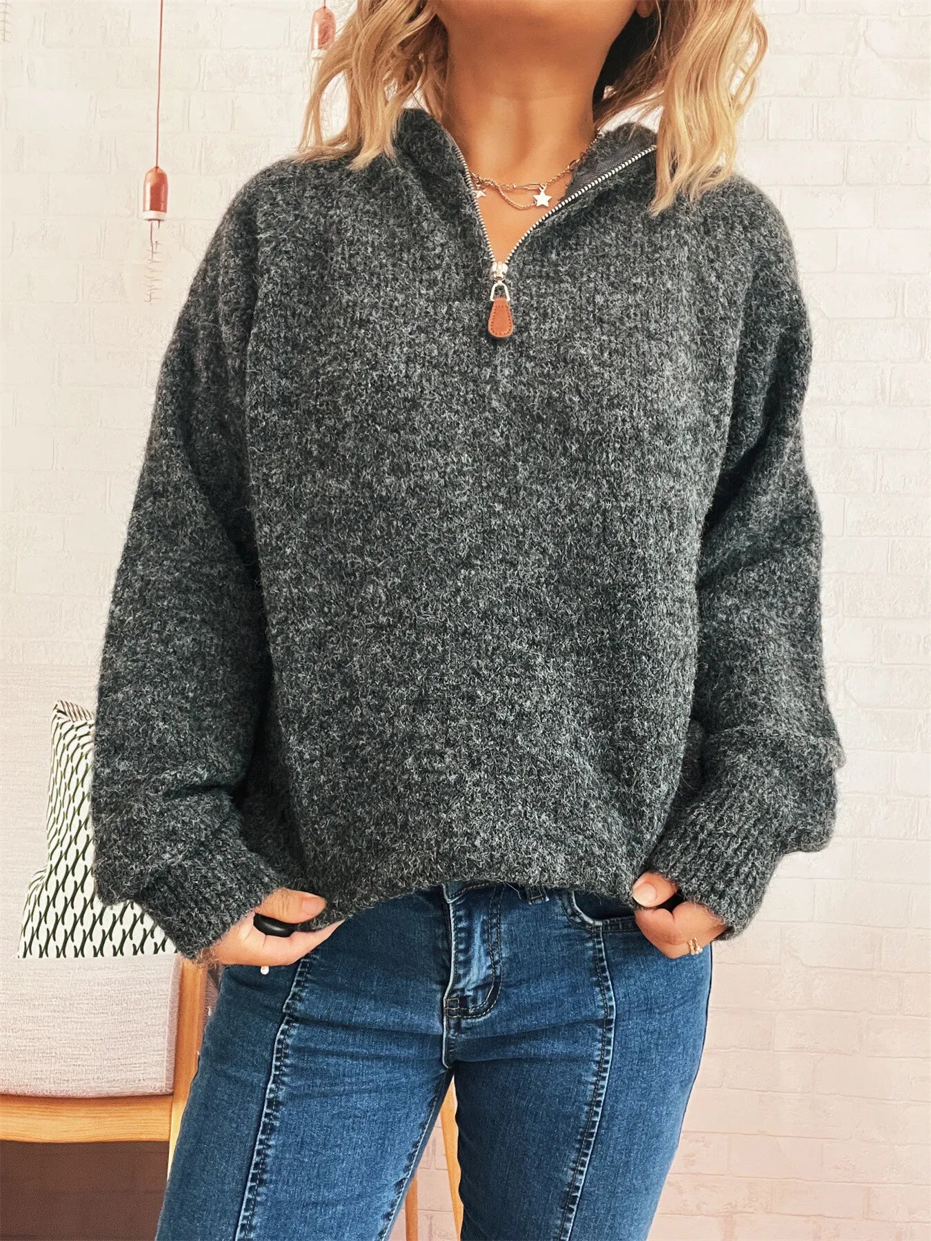 Quarter Zip Ribbed Hem Sweater