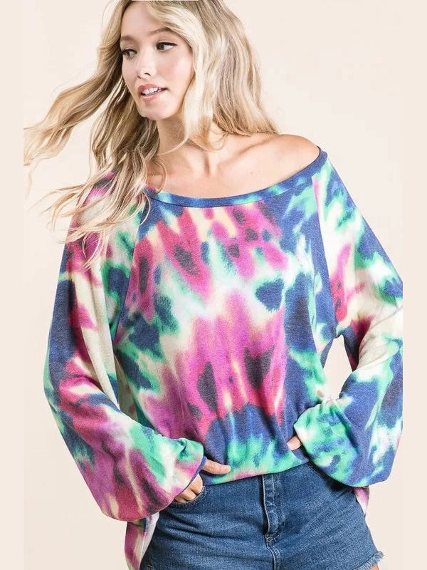 BiBi Tie Dye Print Terry Top with Puff Sleeves nicholesgifts