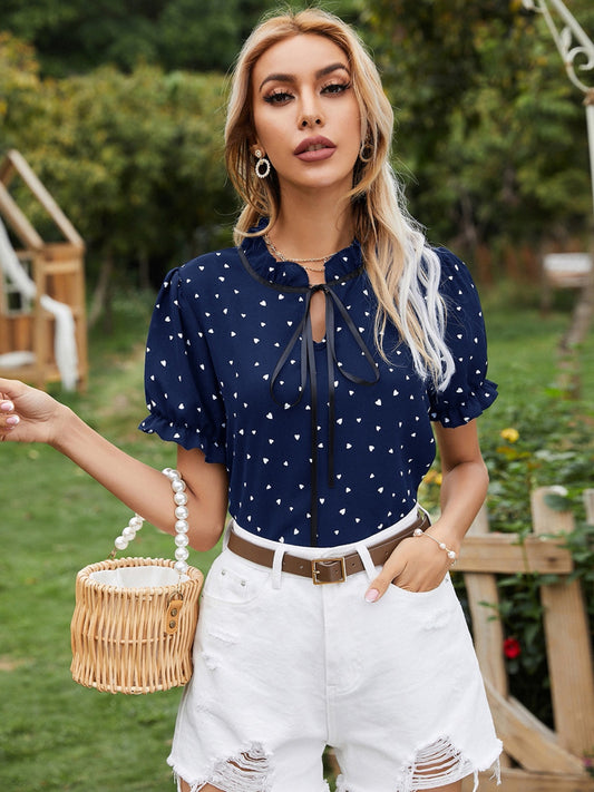 Women Heart Print Tie Neck Short Sleeve Blouse