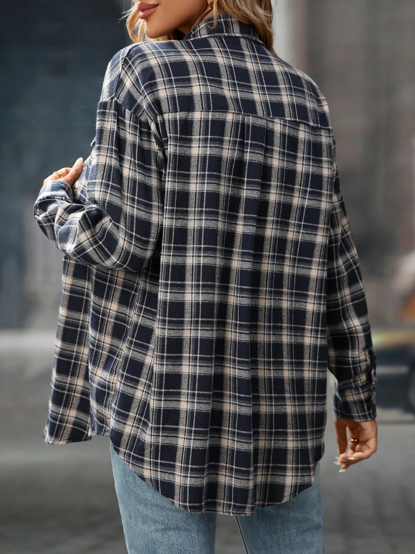 Plaid Button-Down Oversized Shirt Trendsi