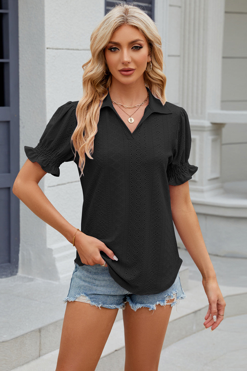 Eyelet Johnny Collar Short Sleeve Blouse nicholesgifts