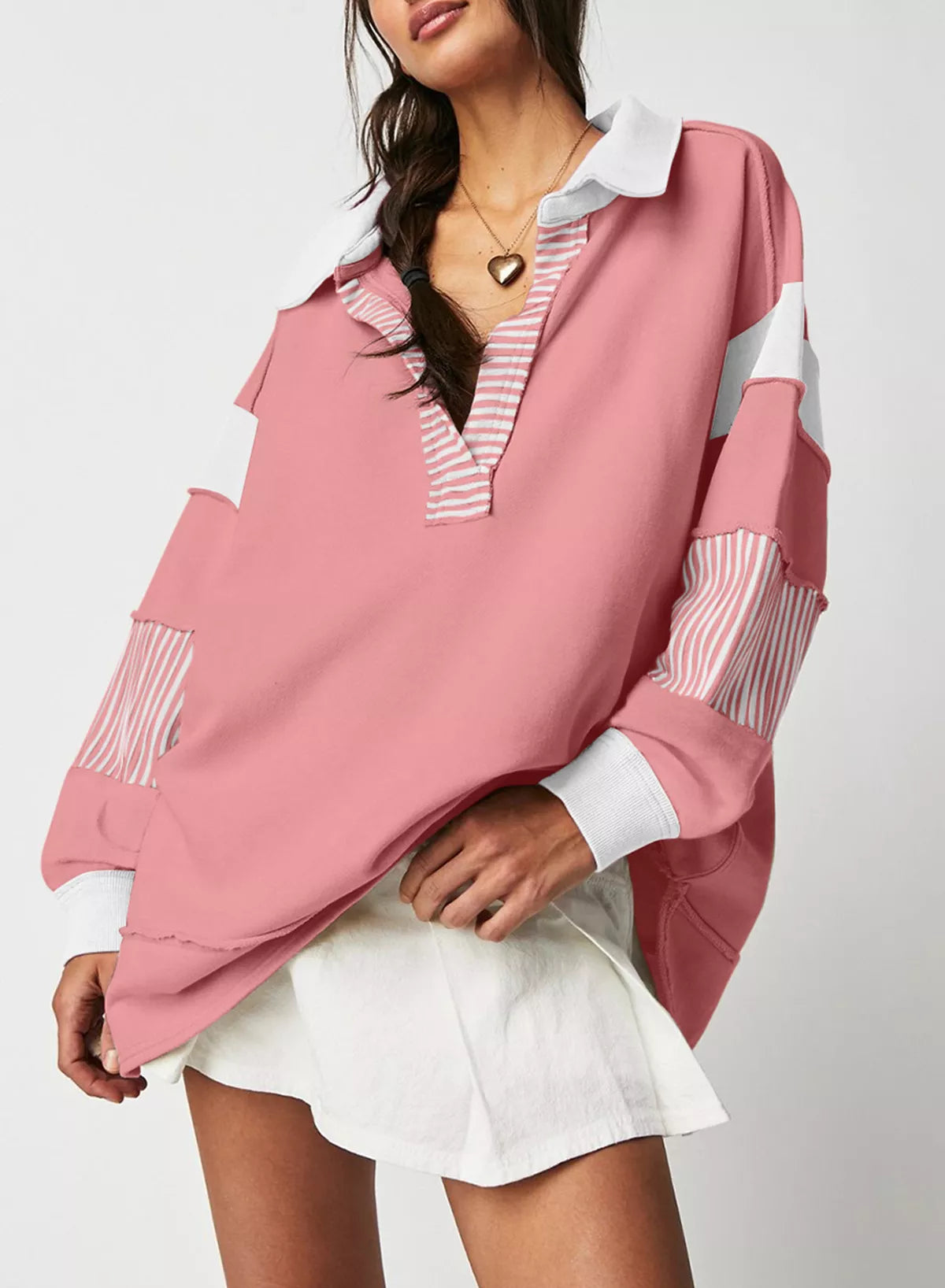 Color Block Striped Johnny Collar Sweatshirt nicholesgifts