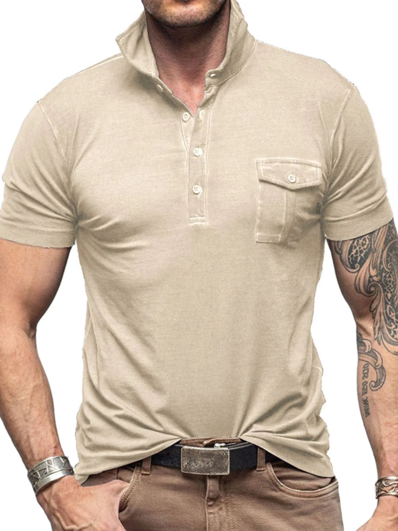Men's Classic Pocket Polo Shirt with Stand Collar NicholesGifts