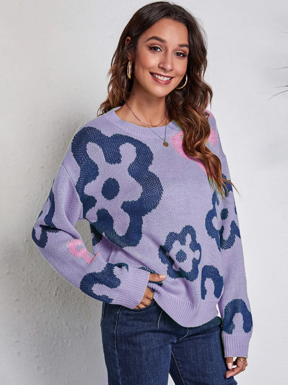 Flower Pattern Round Neck Long Sleeve Sweater Trendsi