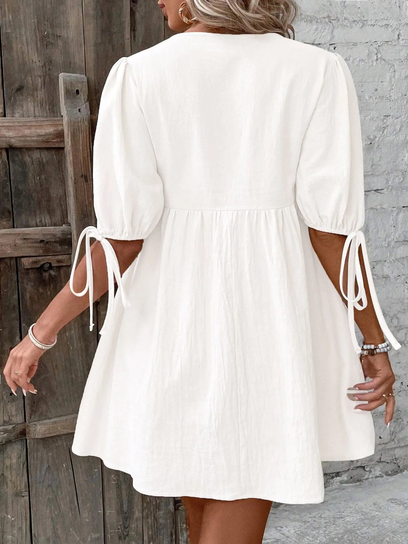 V-Neck Tie-Front Mini Dress with Puff Sleeves NicholesGifts